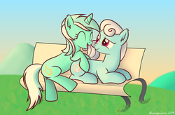 Size: 1379x903 | Tagged: safe, artist:bluemeganium, linky, lyra heartstrings, shoeshine, pony, g4, bedroom eyes, bench, cuddling, cute, cutie mark, duo, excited, eyes closed, female, fluffy, happy, horseshoes, laughing, lesbian, lidded eyes, linkybetes, lyrabetes, lyrashine, lyre, musical instrument, open mouth, shipping, sitting, sitting lyra, smiling, snuggling