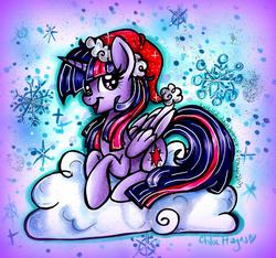 Size: 1506x1407 | Tagged: safe, artist:frostykat13, twilight sparkle, alicorn, pony, g4, cloud, female, hat, mare, santa hat, snowflake, solo, twilight sparkle (alicorn)
