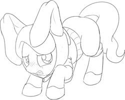 Size: 760x605 | Tagged: safe, artist:mcsadat, diamond tiara, earth pony, pony, g4, bunny ears, clothes, costume, dangerous mission outfit, female, grayscale, hoodie, mare, monochrome, simple background, solo