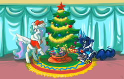 Size: 3000x1917 | Tagged: safe, artist:homa-nix, princess celestia, princess luna, g4, carpet, christmas tree, ded moroz, drapes, new year, present, russian, snegurochka, tree