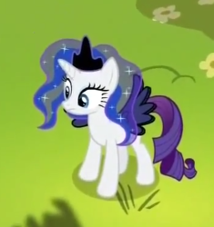 Size: 235x250 | Tagged: safe, screencap, princess luna, rarity, g4, testing testing 1-2-3, clothes, cosplay, costume, female, lunarity, lunity, solo, voice actor joke