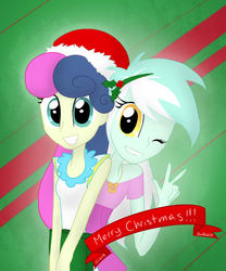 Size: 799x960 | Tagged: safe, artist:frostsentry150, bon bon, lyra heartstrings, sweetie drops, equestria girls, g4, christmas, hat, holly, santa hat