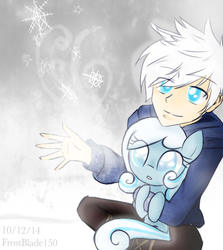 Size: 470x528 | Tagged: safe, artist:frostsentry150, oc, oc:snowdrop, human, pony, crossover, cute, dreamworks, holding a pony, jack frost, rise of the guardians, snowbetes