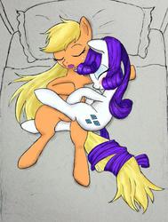 Size: 772x1023 | Tagged: safe, artist:kuredera, applejack, rarity, g4, blushing, cuddling, female, intertwined tails, lesbian, ship:rarijack, shipping, snuggling