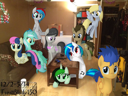 Size: 960x720 | Tagged: safe, artist:frostsentry150, bon bon, derpy hooves, dj pon-3, doctor whooves, flash sentry, lyra heartstrings, octavia melody, sweetie drops, time turner, vinyl scratch, oc, oc:jadeite, oc:twister, pegasus, pony, g4, background pony, background six, female, irl, mare, photo, ponies in real life, sitting lyra