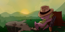 Size: 1800x900 | Tagged: safe, artist:professor-ponyarity, spike, g4, gun, hat, male, scattergun, solo, sunset, team fortress 2