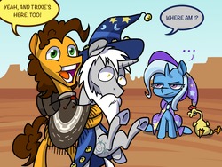 Size: 1280x960 | Tagged: safe, artist:grandpalove, boneless, cheese sandwich, star swirl the bearded, trixie, pony, unicorn, ask trixie and cheese, g4, female, lost, mare, reflections star swirl, tumblr