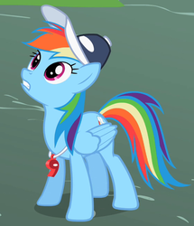 Size: 561x651 | Tagged: safe, screencap, rainbow dash, pegasus, pony, g4, may the best pet win, my little pony: friendship is magic, baseball cap, coach, coach rainbow dash, female, folded wings, hat, looking up, mare, teeth, whistle, wings