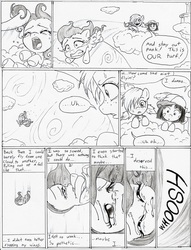 Size: 915x1195 | Tagged: safe, artist:joelashimself, fluttershy, oc, g4, comic, flashback, monochrome, the forgotten element, younger