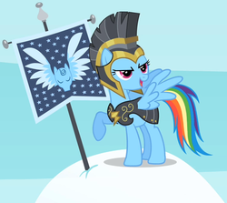 Size: 755x674 | Tagged: safe, screencap, commander hurricane, rainbow dash, g4, hearth's warming eve (episode), my little pony: friendship is magic, clothes, cosplay, costume, female, flag, solo