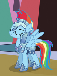 Size: 241x317 | Tagged: safe, screencap, rainbow dash, g4, the crystal empire, armor, clothes, cosplay, costume, crystal guard armor, fantasy class, female, knight, solo, warrior
