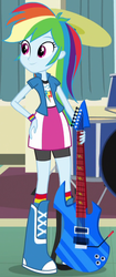 Size: 418x991 | Tagged: safe, screencap, rainbow dash, equestria girls, g4, my little pony equestria girls: rainbow rocks, boots, bracelet, clothes, cute, cymbals, drum kit, drums, electric guitar, female, guitar, hand on hip, jewelry, musical instrument, outfit catalog, skirt, socks, solo, wristband