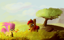 Size: 1280x800 | Tagged: safe, artist:pedrohander, fluttershy, oc, butterfly, earth pony, pony, g4, bedroom eyes, colored, digital art, female, field, filly, flower, grin, scenery, smiling, tree, younger