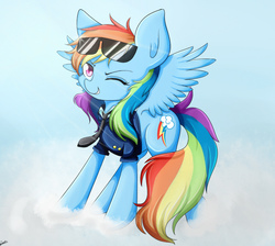 Size: 1300x1165 | Tagged: safe, artist:riouku, rainbow dash, pony, g4, clothes, cloud, cute, female, light, mare, messy mane, necktie, solo, sunglasses, uniform, wink