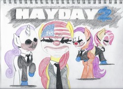 Size: 2338x1700 | Tagged: safe, artist:hoseakm, apple bloom, babs seed, scootaloo, sweetie belle, g4, chains (payday), crossover, cutie mark crusaders, dallas, hayday, houston, payday, payday 2, payday the heist, wolf (payday)