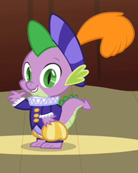 Size: 286x357 | Tagged: safe, screencap, spike, g4, hearth's warming eve (episode), my little pony: friendship is magic, clothes, costume, hearth's warming eve, male, narrator, outfit catalog, ruff (clothing), solo