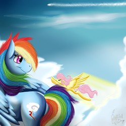 Size: 1280x1280 | Tagged: safe, artist:baffleddingo, fluttershy, rainbow dash, g4, cloud, cloudy, flying, motion blur, sky