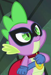 Size: 478x698 | Tagged: safe, screencap, spike, g4, my little pony: friendship is magic, power ponies (episode), clothes, costume, humdrum costume, male, power ponies, solo