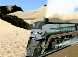 Size: 489x357 | Tagged: safe, edit, twilight sparkle, g4, desert, faic, female, meme, norfolk and western class-j, solo, train, wat