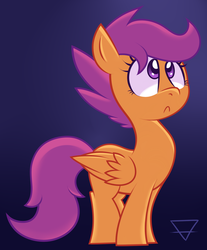Size: 922x1116 | Tagged: dead source, safe, artist:php92, scootaloo, pegasus, pony, g4, :<, blank flank, female, filly, foal, folded wings, frown, gradient background, looking up, solo, wings