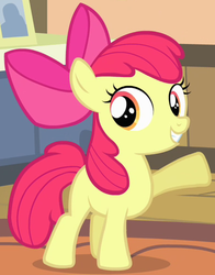 Size: 388x494 | Tagged: safe, screencap, apple bloom, earth pony, pony, g4, season 4, somepony to watch over me, apple bloom's bow, bow, cropped, female, filly, foal, golden eyes, hair bow, raised hoof, red hair, red mane, red tail, smiling, solo, tail, yellow body, yellow coat, yellow fur, yellow pony