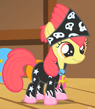 Size: 188x215 | Tagged: safe, screencap, apple bloom, earth pony, pony, g4, the show stoppers, alternate hairstyle, clothes, costume, female, glam metal, glam rock, rock (music), rocker, show stopper outfits, solo