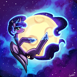 Size: 750x750 | Tagged: safe, artist:lumineko, princess luna, g4, female, hug, moon, solo, space, tangible heavenly object