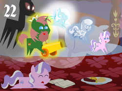 Size: 1024x768 | Tagged: safe, artist:bronybyexception, diamond tiara, silver spoon, oc, oc:snowdrop, ghost, pony, g4, a christmas carol, adorable distress, advent calendar, cannon, chains, chest of harmony, cute, diamondbetes, dream, jacob marley, nightmare, pointy ponies, ponified, sad, scared, the ghost of christmas past, the ghost of christmas present, the ghost of christmas yet to come
