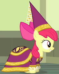 Size: 189x238 | Tagged: safe, screencap, apple bloom, for whom the sweetie belle toils, g4, adorabloom, clothes, costume, cute, dress, female, happy, hat, hennin, looking at someone, looking at something, play, princess apple bloom, school play, smiling, solo