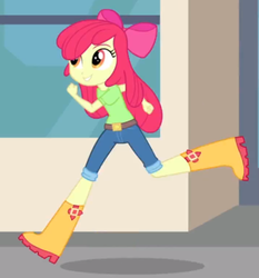 Size: 534x572 | Tagged: safe, screencap, apple bloom, equestria girls, g4, music to my ears, my little pony equestria girls: rainbow rocks, boots, clothes, female, running, shoes, short pants, smiling, solo