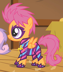 Size: 207x234 | Tagged: safe, screencap, scootaloo, sweetie belle, pegasus, pony, unicorn, g4, the show stoppers, alternate hairstyle, award, clothes, costume, cute, cutealoo, face paint, female, filly, foal, glam metal, glam rock, makeup, medal, rock (music), rocker, show stopper outfits, smiling, spread wings, wings