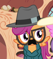 Size: 247x276 | Tagged: safe, screencap, scootaloo, pegasus, pony, g4, twilight time, clothes, costume, disguise, female, filly, foal, glasses, groucho mask, hat, solo, spread wings, wings
