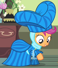 Size: 204x239 | Tagged: safe, screencap, scootaloo, pegasus, pony, for whom the sweetie belle toils, g4, my little pony: friendship is magic, clothes, costume, cute, cutealoo, dress, female, filly, foal, hat, play, princess scootaloo, raised hoof, school play, scootaloo also dresses in style, smiling, solo