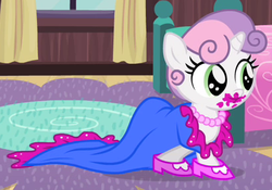 Size: 412x288 | Tagged: safe, screencap, sweetie belle, for whom the sweetie belle toils, g4, 5-year-old, 5-year-old sweetie belle, clothes, dress, female, filly, necklace, outfit catalog, shoes, solo, young, younger