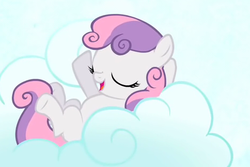 Size: 468x312 | Tagged: safe, screencap, sweetie belle, earth pony, pony, g4, stare master, animation error, cloud, cropped, eyes closed, female, filly, foal, hooves, lying down, lying on a cloud, missing horn, on a cloud, on back, open mouth, solo