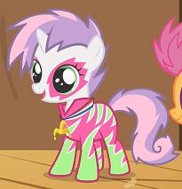 Size: 205x213 | Tagged: safe, screencap, scootaloo, sweetie belle, pony, unicorn, g4, the show stoppers, alternate hairstyle, clothes, costume, female, filly, glam metal, glam rock, rock (music), rocker, show stopper outfits