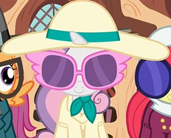 Size: 318x257 | Tagged: safe, screencap, apple bloom, scootaloo, sweetie belle, g4, twilight time, clothes, costume, cutie mark crusaders, disguise, glasses, hat