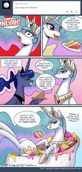 Size: 700x1473 | Tagged: safe, artist:johnjoseco, princess celestia, princess luna, alicorn, pony, ask gaming princess luna, g4, alternate hairstyle, bath, bathtub, bedroom eyes, cake, cakelestia, comic, eyes closed, eyes on the prize, female, frown, glare, grin, licking lips, looking at you, magic, mare, messy, open mouth, ponytail, smiling, telekinesis, tongue out, yelling