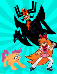 Size: 900x1162 | Tagged: safe, artist:curtsibling, scootaloo, g4, aku, blossom (powerpuff girls), crossover, samurai jack, the powerpuff girls, worried