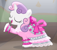 Size: 232x205 | Tagged: safe, screencap, sweetie belle, for whom the sweetie belle toils, g4, adorabelle, bow, clothes, costume, cute, dress, female, play, ribbon, school play, solo