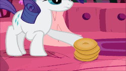 Size: 960x540 | Tagged: safe, edit, edited screencap, screencap, applejack, rarity, twilight sparkle, g4, look before you sleep, animated, bagel, cream cheese, female, food, golden oaks library, hair curlers, ring toss