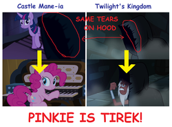 Size: 1320x972 | Tagged: safe, lord tirek, pinkie pie, pony of shadows, twilight sparkle, alicorn, pony, castle mane-ia, g4, butt, comic sans, conspiracy, female, mare, mind blown, musical instrument, organ, organ to the outside, plot, twilight sparkle (alicorn)