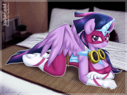 Size: 1500x1125 | Tagged: safe, artist:jcosneverexisted, twilight sparkle, anthro, g4, power ponies (episode), bed, breasts, busty twilight sparkle, cleavage, clothes, costume, female, looking at you, masked matter-horn costume, power ponies, solo, twilight sparkle (alicorn)