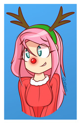 Size: 2812x4286 | Tagged: safe, artist:dahhez, fluttershy, human, reindeer, g4, christmas, clothes, eye clipping through hair, female, glowing, humanized, red nose, reindeer antlers, rudolph the red nosed reindeer, smiling, solo, sweater, sweatershy