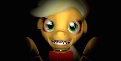 Size: 1360x693 | Tagged: safe, applejack, pony, robot, robot pony, five nights at aj's, g4, 3d, angry, animatronic, applefreddy, attack, creepy, female, five nights at freddy's, nose wrinkle, poster, solo, source filmmaker, this will end in tears, wallpaper