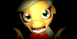 Size: 1366x699 | Tagged: safe, applejack, pony, robot, robot pony, five nights at aj's, g4, 3d, animatronic, applefreddy, attack, creepy, female, five nights at freddy's, looking at you, nose wrinkle, poster, solo, source filmmaker, this will end in tears, wallpaper