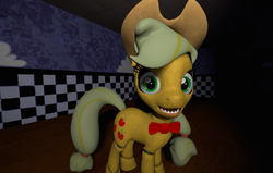 Size: 928x591 | Tagged: safe, applejack, pony, robot, robot pony, five nights at aj's, g4, 3d, animatronic, applefreddy, creepy, female, five nights at freddy's, poster, solo, source filmmaker, wallpaper