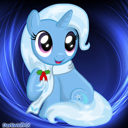 Size: 2000x2000 | Tagged: safe, artist:darkwolfmx, trixie, pony, unicorn, g4, abstract background, clothes, cute, diatrixes, female, happy, high res, holly, looking at you, mare, mistletoe, open mouth, raised hoof, scarf, sitting, smiling, solo