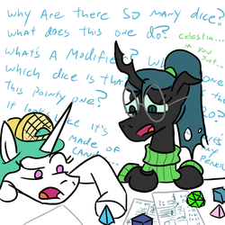 Size: 800x800 | Tagged: safe, artist:jargon scott, princess celestia, queen chrysalis, g4, brolestia, dork, dorkalis, dungeons and dragons, noob, text, wall of text