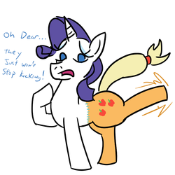 Size: 800x800 | Tagged: safe, artist:jargon scott, applejack, rarity, pony, unicorn, g4, bucking, dialogue, female, frankenpony, frown, fusion, half, mare, merging, modular, open mouth, partial body swap, simple background, we have become one, white background, worried